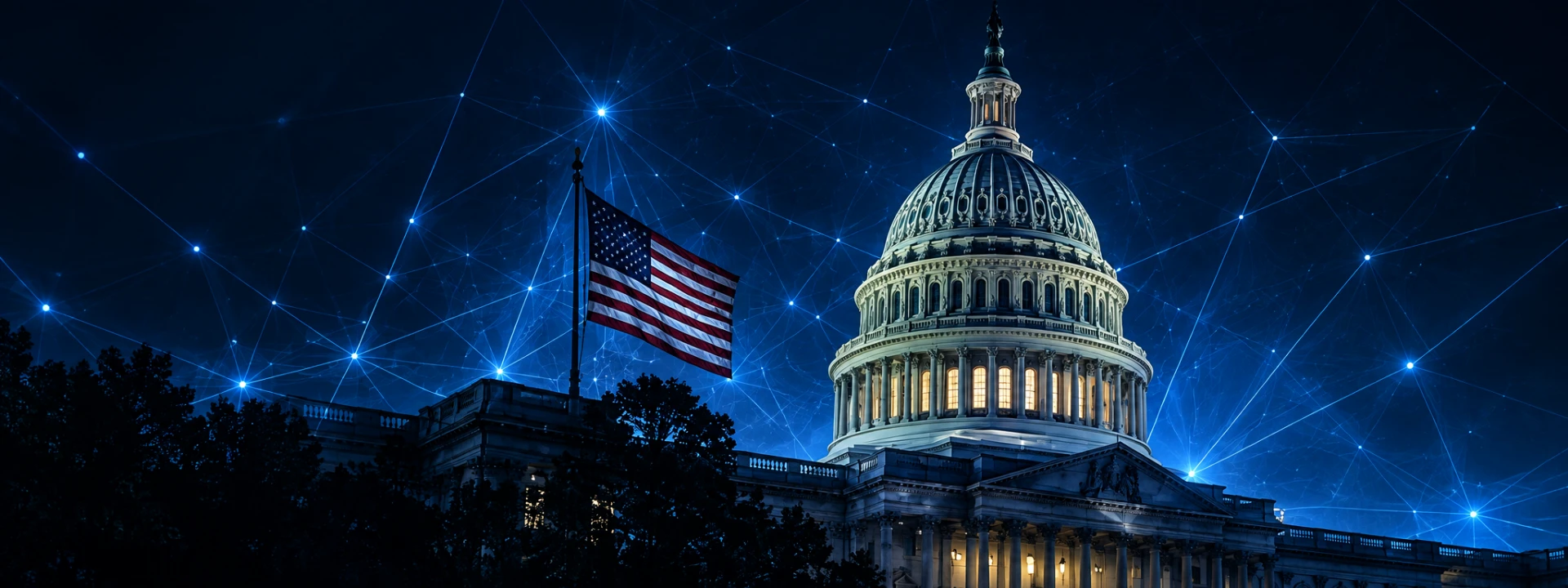 U.S. Capitol at night with the American flag, overlaid with a glowing network mesh